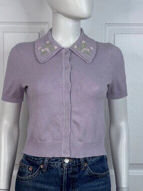 TWIK women's Spring sweater short sleeves embroidered collar XS